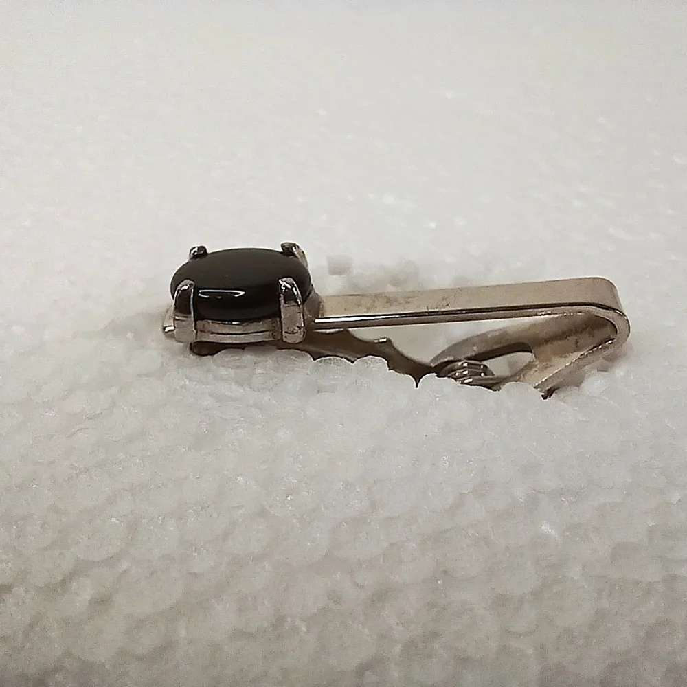 Silver Tie Clip Onyx Natural Black Onyx, Elegant Classic Timeless Vintage